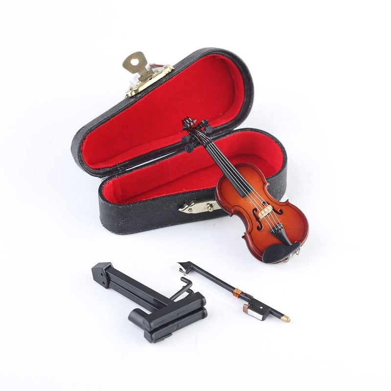 Dselvgvu Wooden Miniature Violin with Stand, Bow and Case Mini Violin Musical Instrument Replica Collectible Figurines Collection Decorative Ornament Dollhouse Accessories Model (3.15"x1.18"x0.59") - Image 3